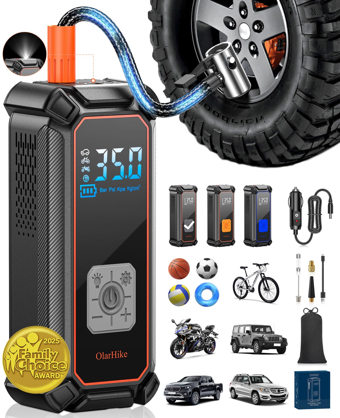 Photo 1 of OlarHike Tire Inflator Portable Air Compressor, 9000mAh Battery Powered, 150PSI Dual Mode, Auto Air Pump for Car Tires, Motorcycle, Bicycle, Electric Pump with LED Light & Digital Pressure Gauge