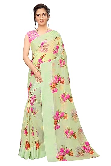 Rajeshwar Fashion With Rf Womens Kota Doria Linen Saree With Blouse Piece (FLORA 01 LIGHT GREEN_Green)