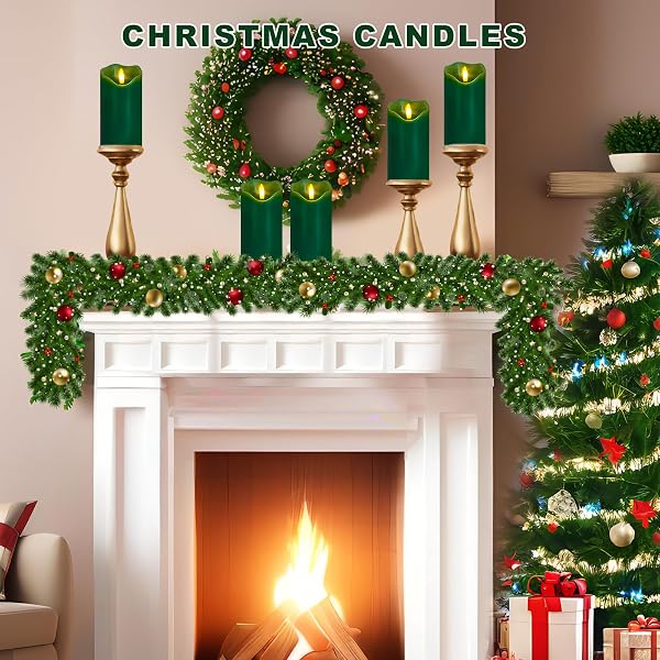 VEEKI FLAMELESS CANDLES LIGHT, SET OF 2 6″X3″ FLICKERING CHRISTMAS FLAMELESS CANDLES WITH REMOTE & TIMER, DIMMABLE REAL WAX PILLAR CANDLES BATTERY OPERATED, GREEN CANDLES FOR HOME XMAS DECOR (GREEN)