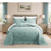 HZ &amp; HY Oversized King Bedspreads 128x120, Stitched Paisley, Aqua Sky | Extra Wide Coverage, 5-Piece Quilt Set, Lightweight Reversible Coverlet, Scalloped Edge, King/Cal King