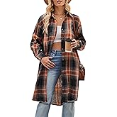 Zontroldy Women's Mid Long Casual Button Down Long Flannel Shirts Plaid Shacket Jacket with Pockets