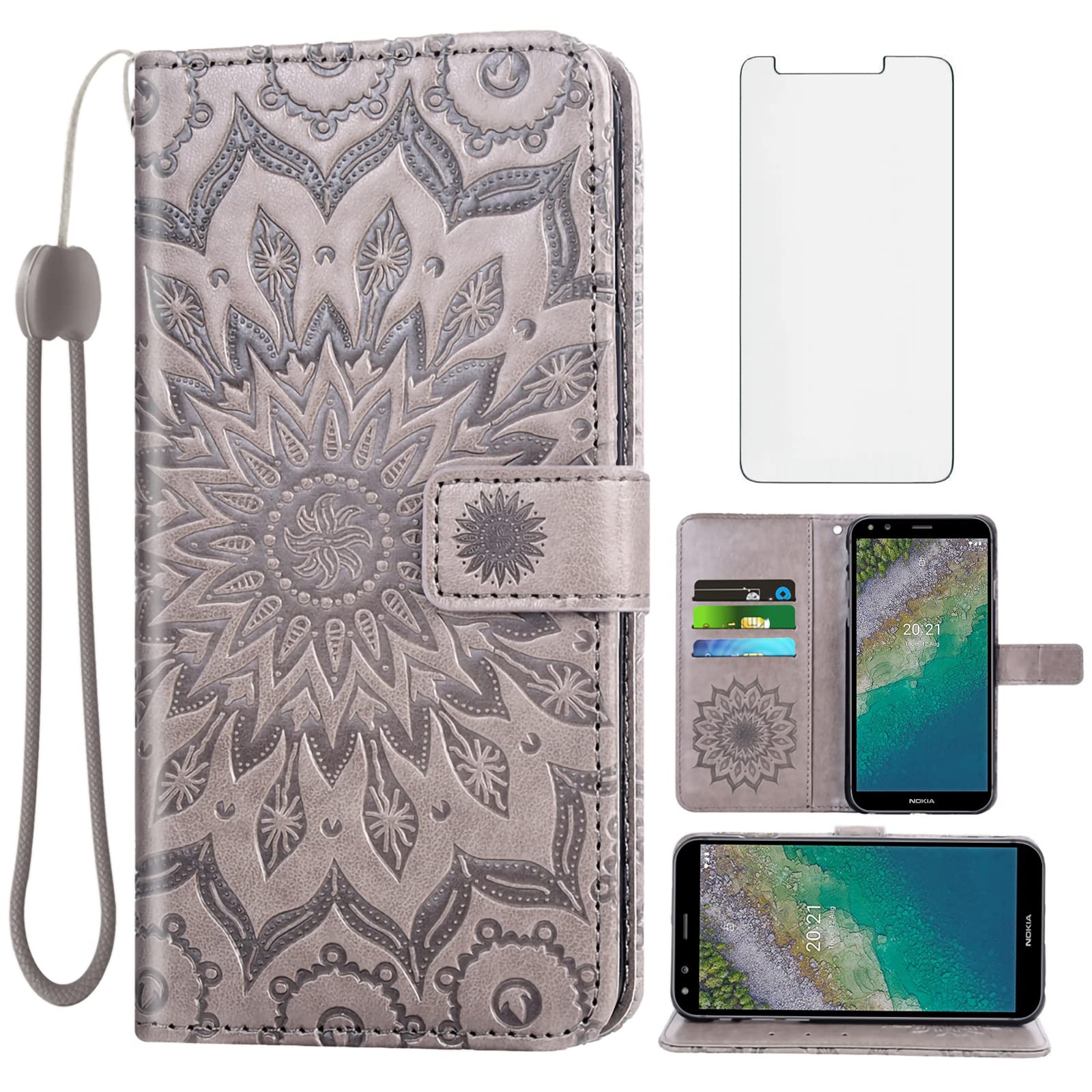 Asuwish Phone Case for Nokia C01 Plus Wallet with Tempered Glass Screen Protector and Sunflower Leather Slim Flip Cover Card Holder Stand Cell Accessories NokiaC01 C01Plus (5.45") Women Men Gray