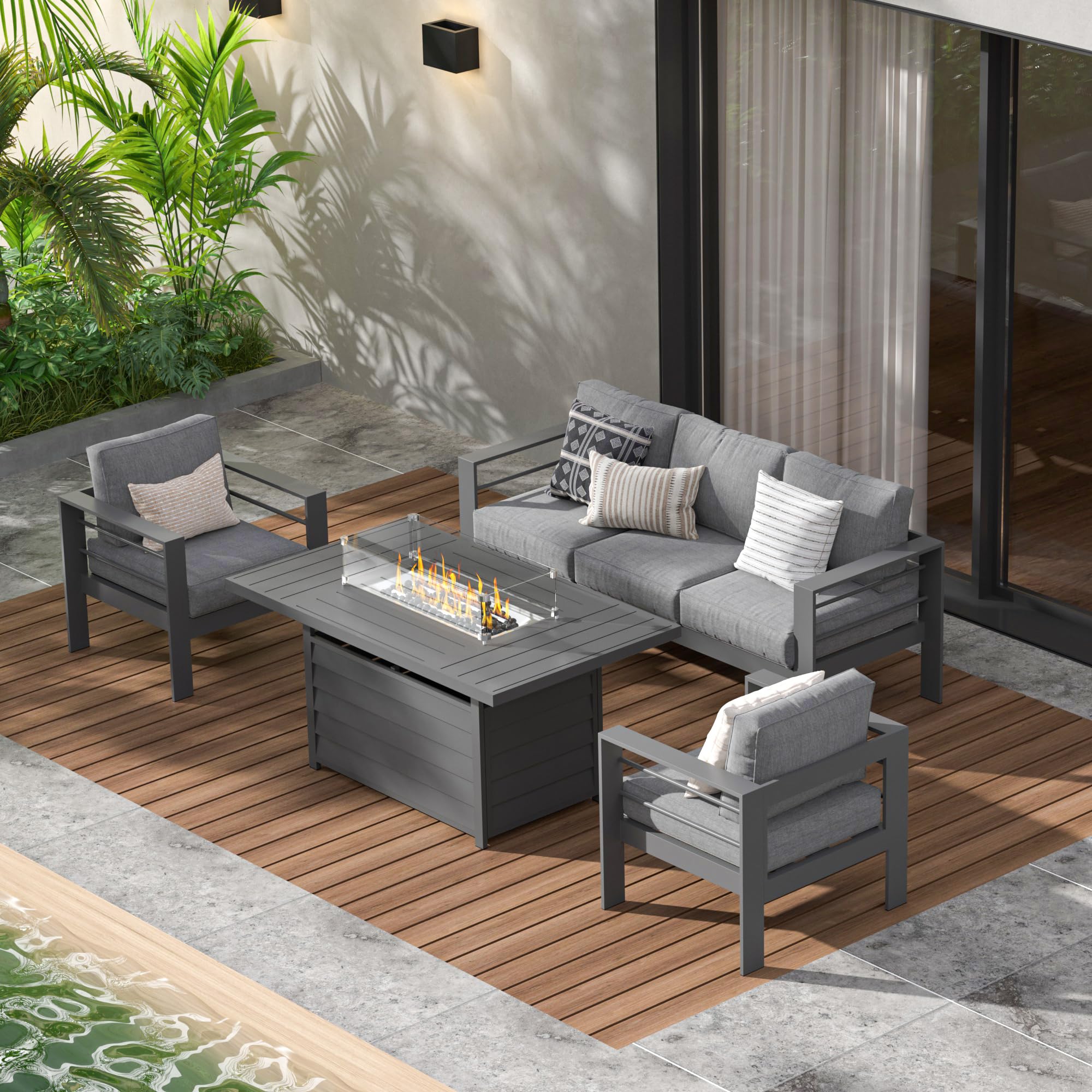 Photo 1 of *** PARTIAL SET/PICTURE FOR REFERENCE ONLY***Wisteria Lane Aluminum Patio Furniture Set, 4 Pcs Metal Outdoor Furniture Set with CSA Certified 54in Propane Gas Fire Pit Table, Patio Conversation Set with 5in Olefin Cover Cushions, BLACK FRAME 