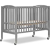 Dream On Me Folding Full Size Convenience Baby Crib with Durable Metal Wheels, Portable Space-Saving Design, 2 Adjustable Heights, Easy Fold Flat Storage, GREENGUARD Gold &amp; BSA Certified, Steel Grey