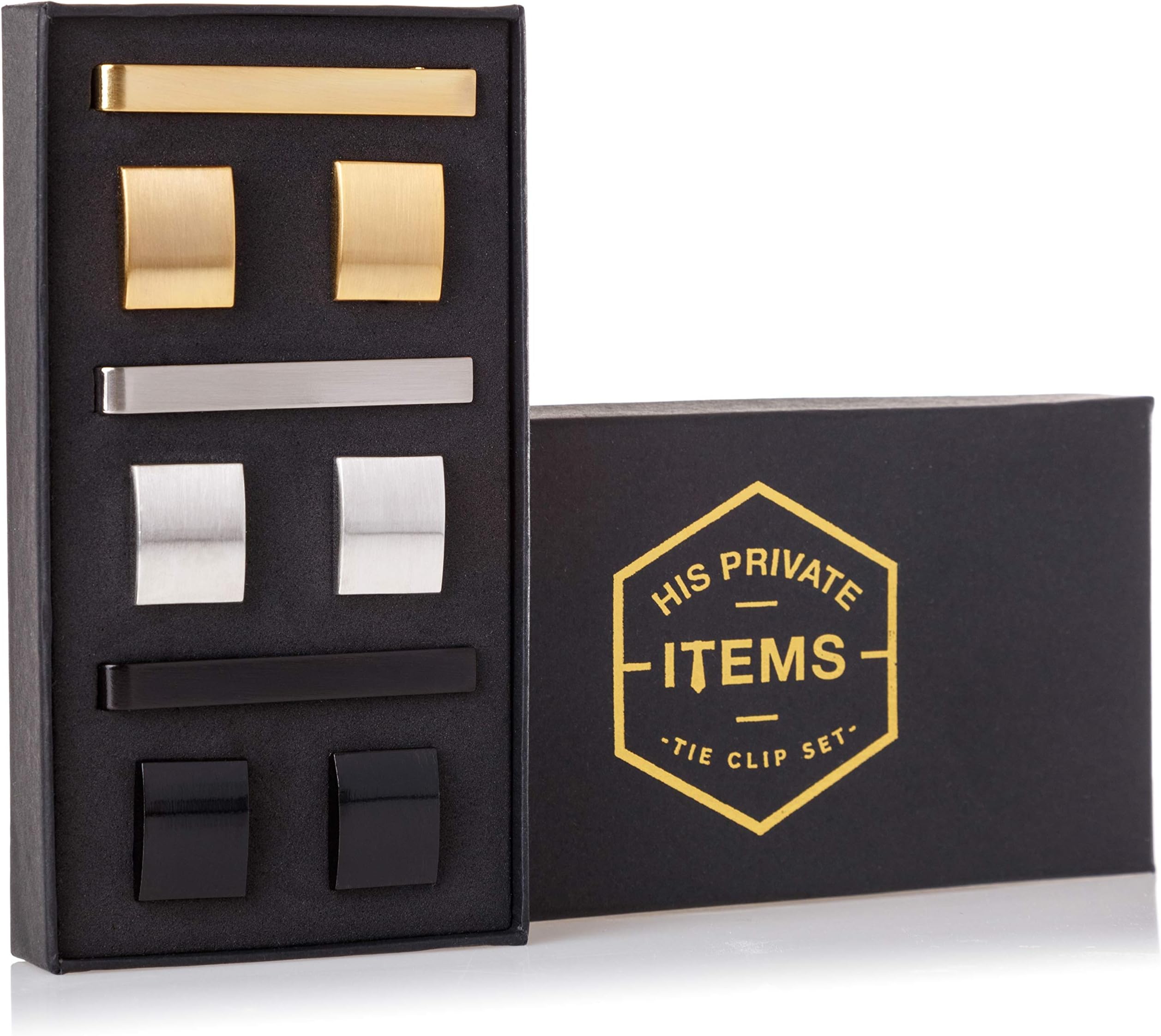 Cufflinks and Tie Clip Set - 3 Couples - Gold Silver Black - Gift Box