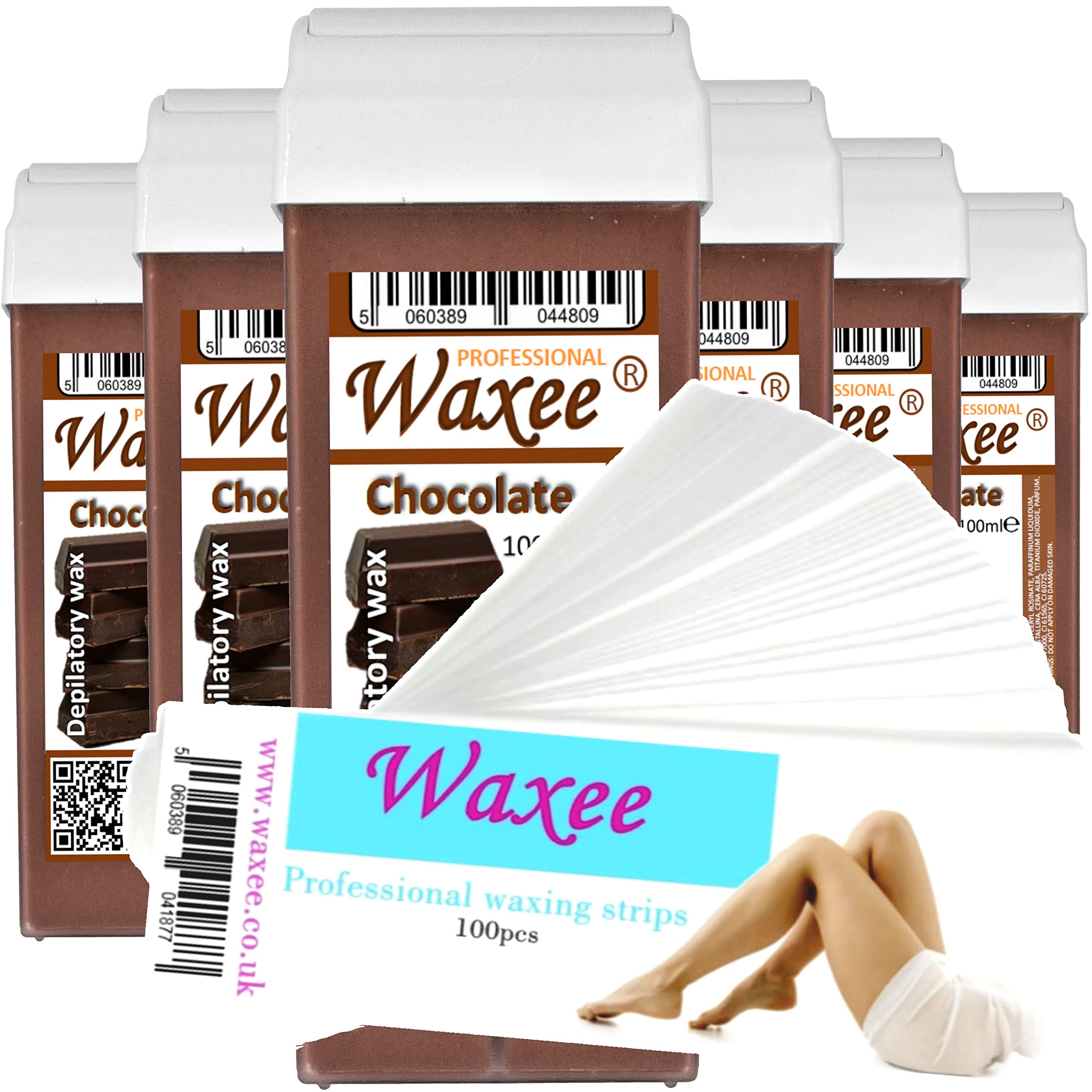 6x 100ml Roller ROLL ON WAX CARTRIDGE + 100 strips Body & Leg "Waxee" NEW FORMULA (Chocolate)