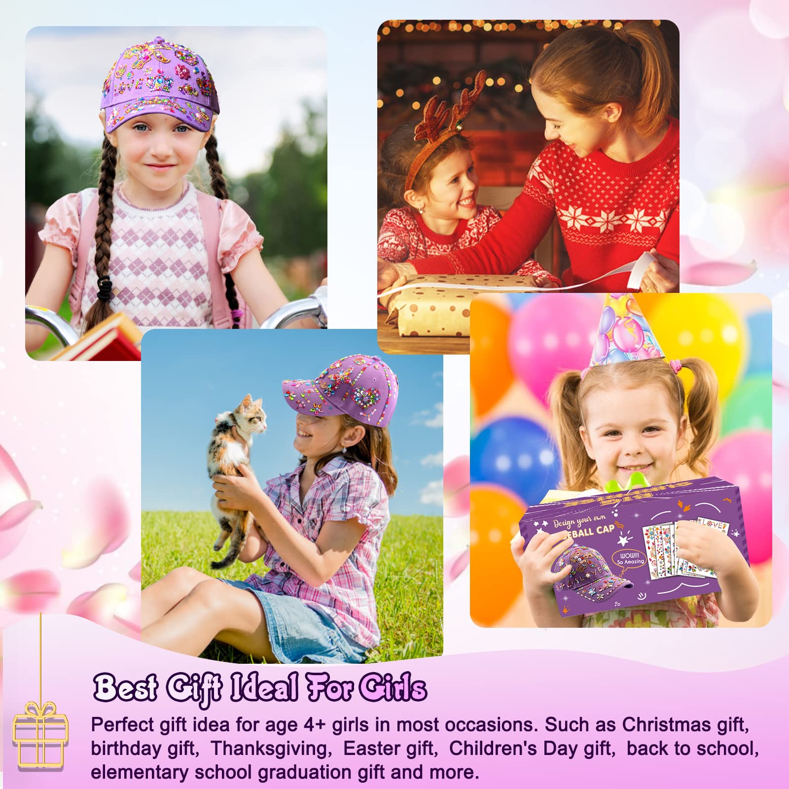Coosilion Gifts for Girls 4 5 6 7 8 9 10 12 Years Old-Decorate Your Own Baseball Cap with Cute Stickers, Arts & Crafts for Girls Ages 6-12, Birthday Gifts & Back to School Supplies for Kids