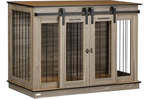 PawHut Dog Crate Furniture with Divider, Dog Crate End Table for Small to Large Dogs, Large Indoor Dog Kennel with Double Doors, 47" W x 23.5" D x 35" H, Oak