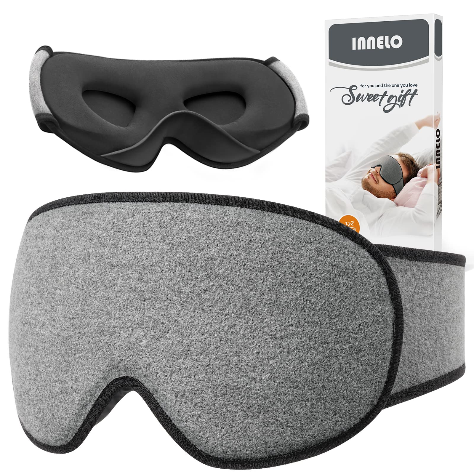INNELO Sleep Mask, Ultra Soft Breathable Eye Mask for Side Sleeping with Adjustable Strap, Comfortable Wearing, 3D Sleeping Mask for Men, Women for Travel, Shift Work, Nap Sleeping, Grey