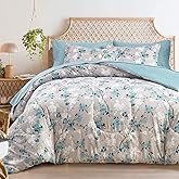 Flysheep Gray Botanical Bed in a Bag Twin Size 6 Pieces, Aqua Grey Leaves Elegant Floral Comforter Bedding Set All Season(1 Comforter, 1 Flat Sheet, 1 Fitted Sheet, 2 Pillow Shams and 1 Pillowcase)