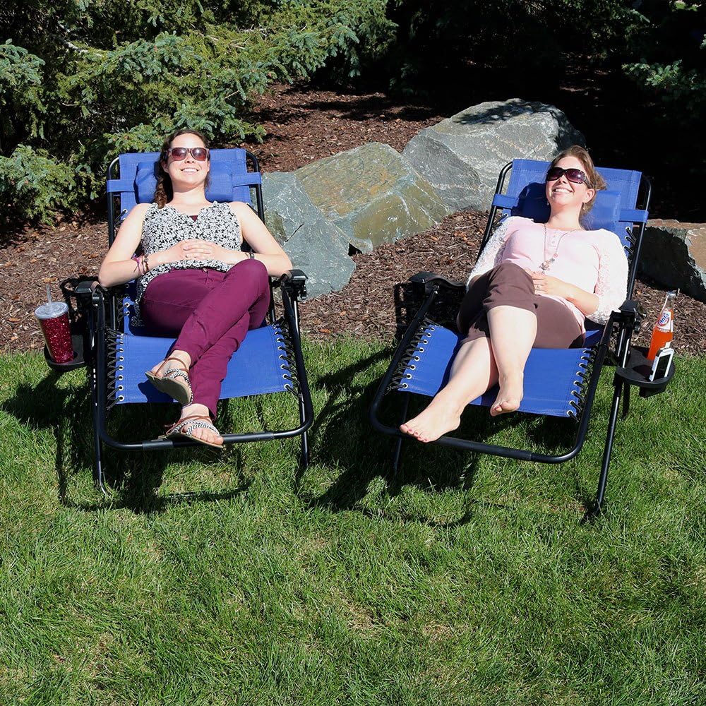 Sunnydaze Outdoor XL Zero Gravity Lounge Chairs with Pillow and Cup Holder Folding Patio Recliner Navy Blue Set of 2: Kitchen & Dining