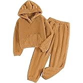 Wyeysyt Girls Fuzzy Pants Set Bear Ear Fleece Two Piece Outfits Kids Hoodie Sweatshirt with Fluffy Pants