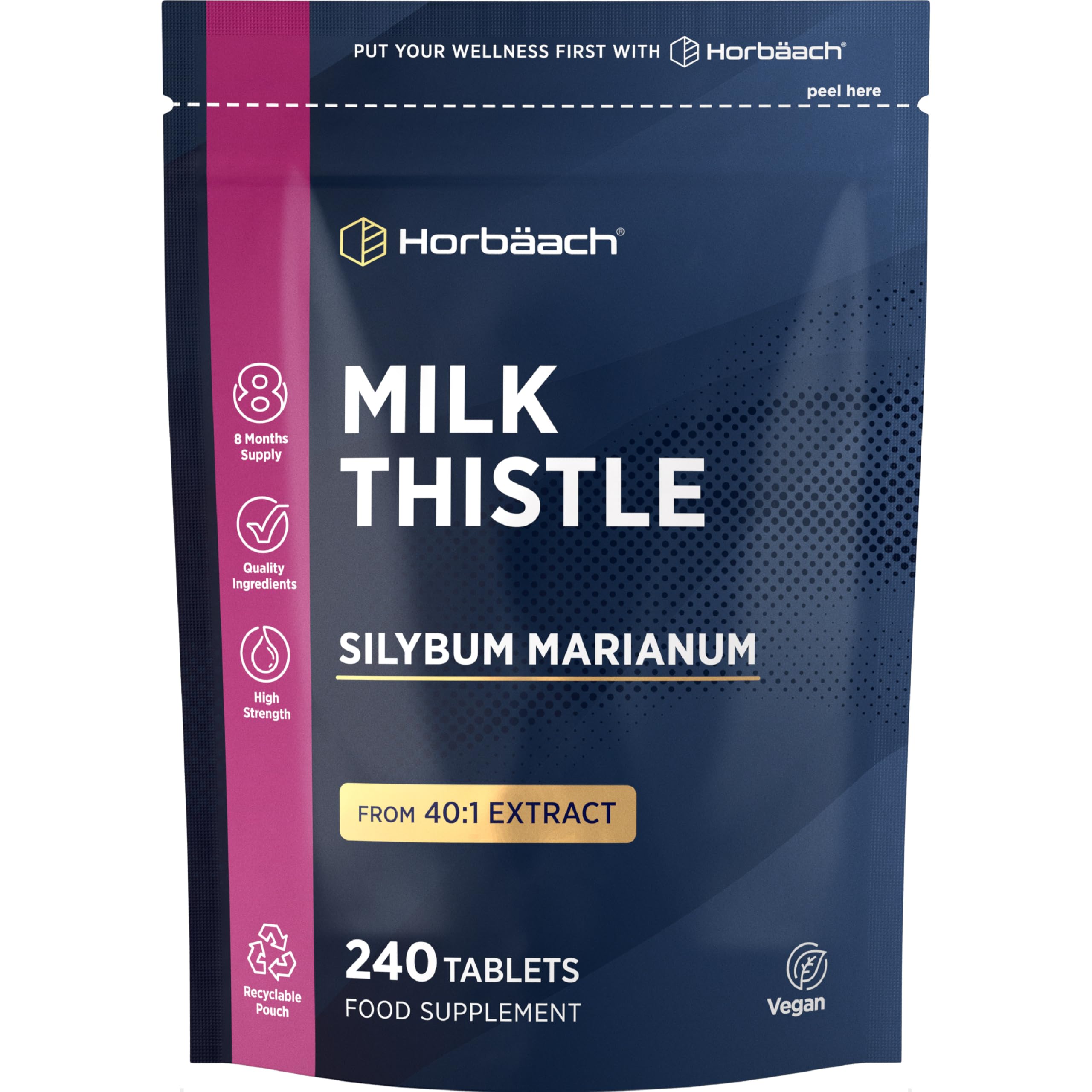 Milk Thistle Tablets | High Strength 240 Vegan Tablets | 8-Month Supply | Silybum Marianum Extract | Recyclable & Resealable Pouch | by Horbaach