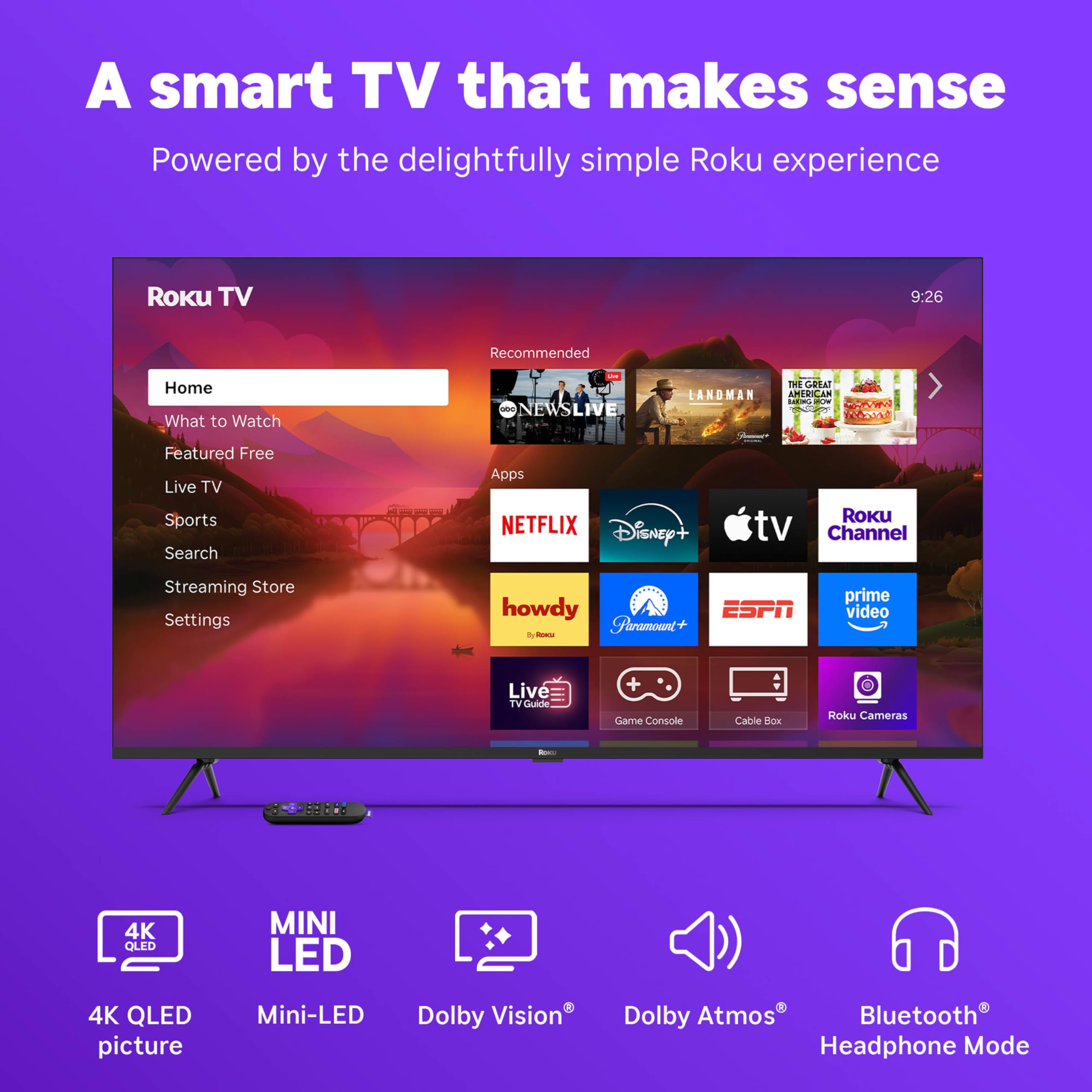 Roku Smart TV 2025 – 55-Inch Plus Series, Mini-LED TV – RokuTV with Enhanced Voice Remote – Flat Screen 4K QLED Television with Dolby Vision & Wi-Fi for Streaming Live Local News, Sports