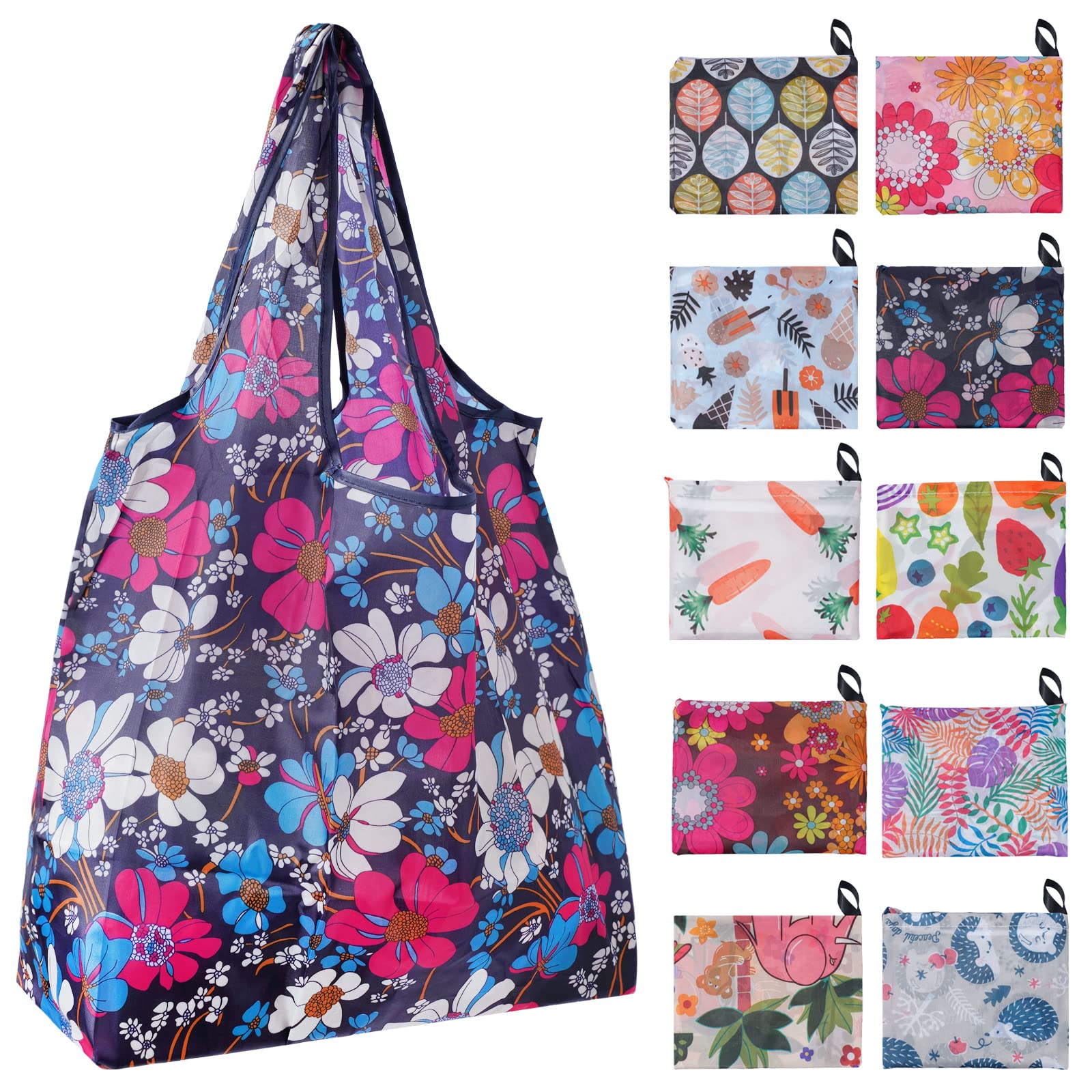 Chuboir 10pcs Large Foldable Shopping Tote Bags, Reusable Eco Grocery Tote Bags Foldable in a Pouch, Washable Grocery Shopping Bags for Daily Shopping Travel Storage