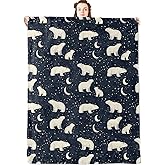 jwyta Cute Polar Bear Flannel Blanket,Night Sky Pattern Throw with Star and Moon on Navy Blue,Lightweight Fleece Blankets for Nature Lover,Couch,Cabin,Bed,Camping Winter Decor Gifts,60x50in