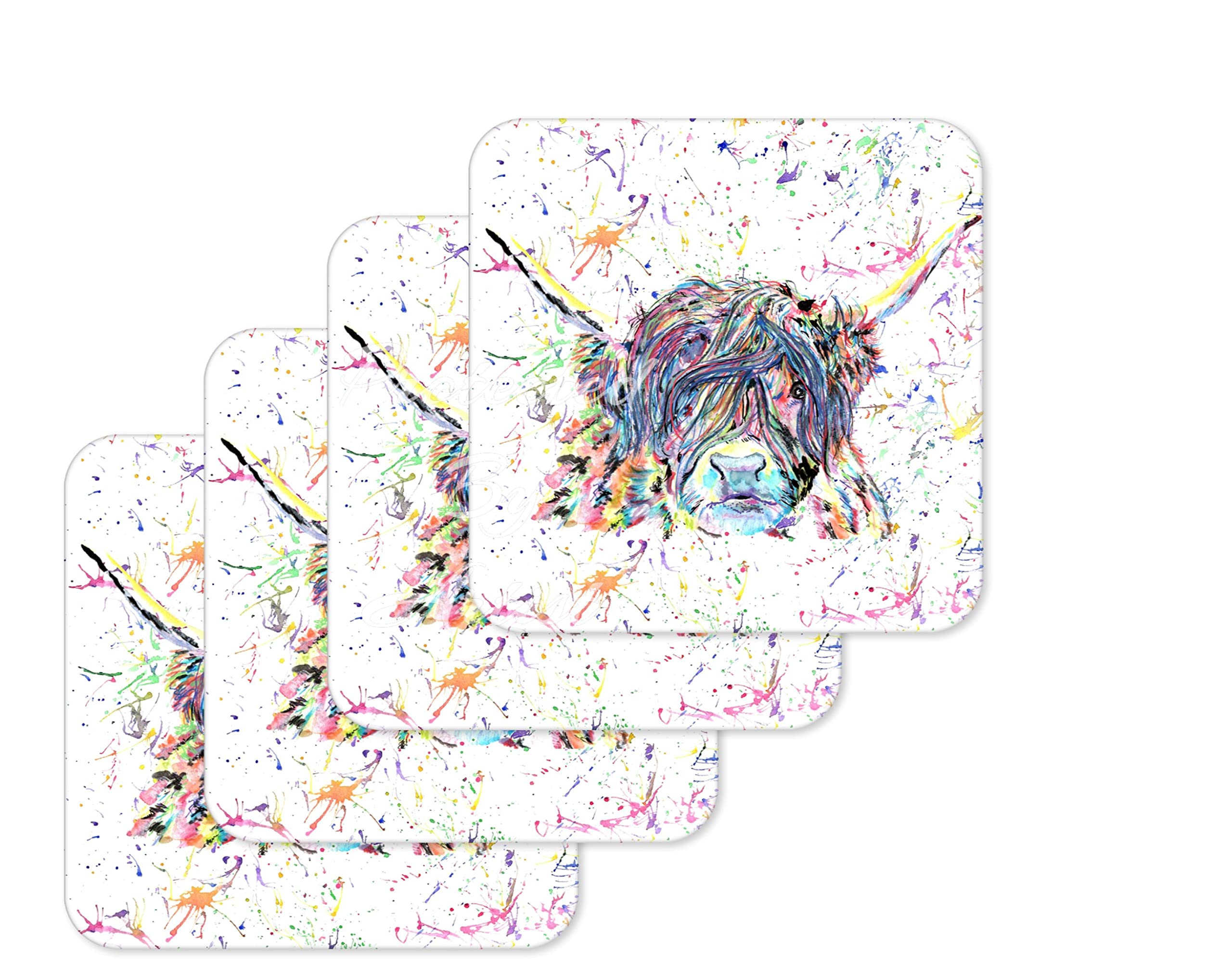 Coaster Highland Cow Scottish Farm Animals Coasters Watercolour Art Gift Work Office Dining Tea coffee (4)