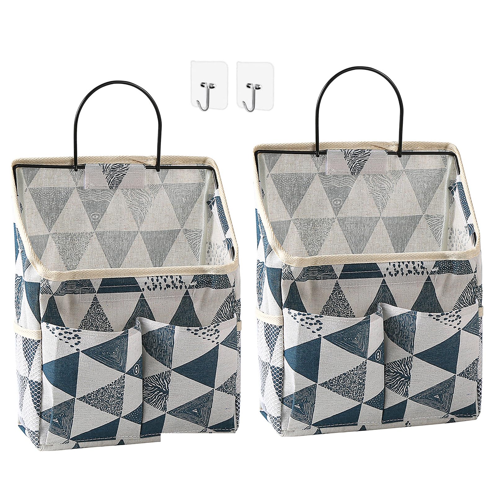 PLATEYTR 2 Piece Hanging Storage Basket with Hooks Wall Mounted Storage Bag, Hanging Storage Space, Stylish Hanging Bag with Side Mesh Pocket for Bedroom Bathroom Kitchen Fabric Storage Bag