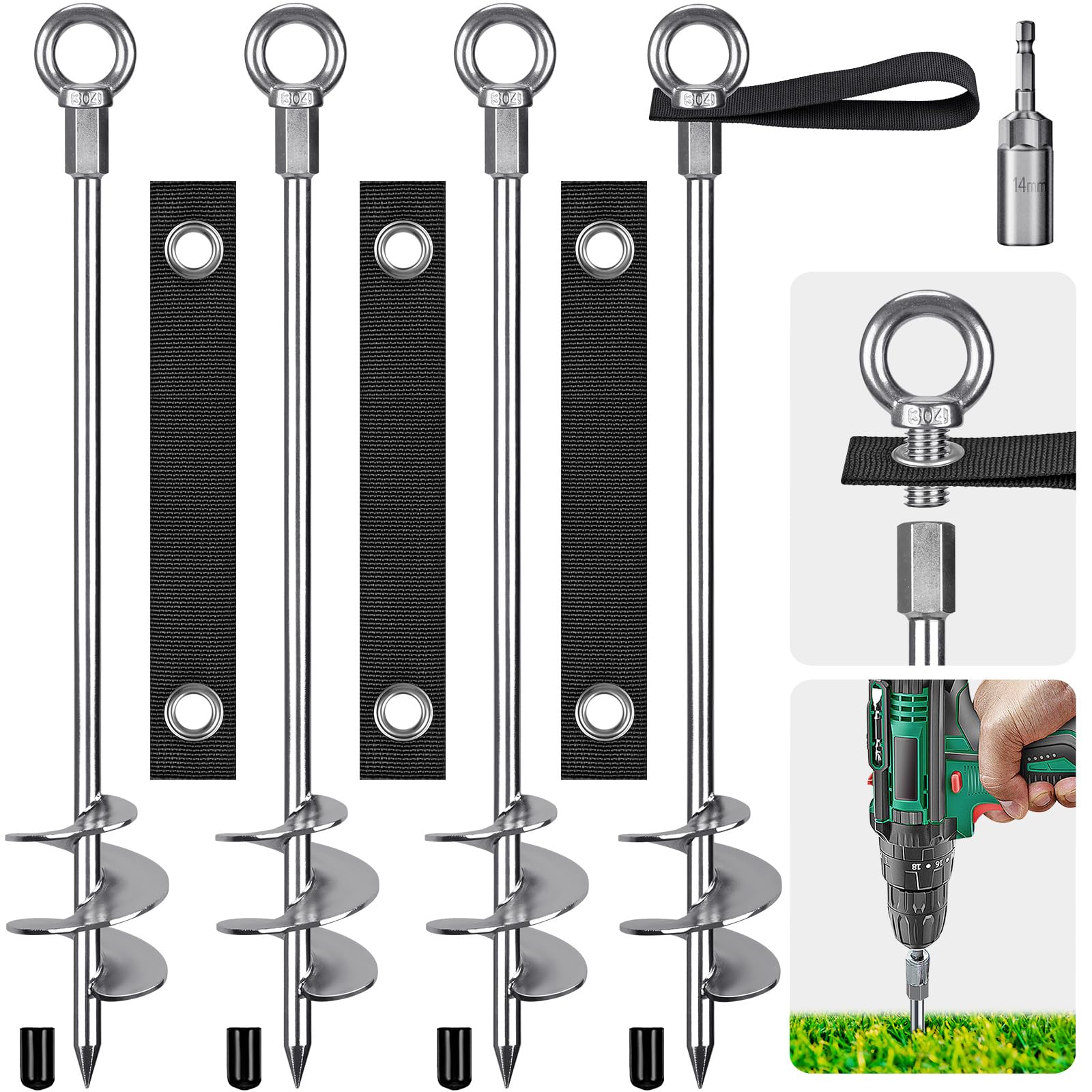 Insaga Ground Anchor with Straps and Adaptor Heavy Duty 76cm Tent Stakes Screw in Fully Welded Spiral Resist High Wind, Trampolines Anchor Kit for Camping/Swing Set/Shed/Carport,4 Pack