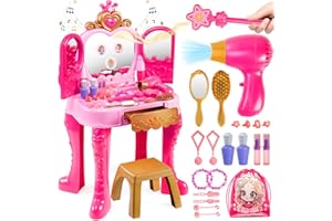 Toddler Girls Vanity Makeup Table with Magic and Lights, Easface Kids Makeup Vanity Table and Stool Set, Toddler Vanity with Hair Dryer, Automatically Mirror, Music for Toddler Girls 3 4 5 6 Years Old