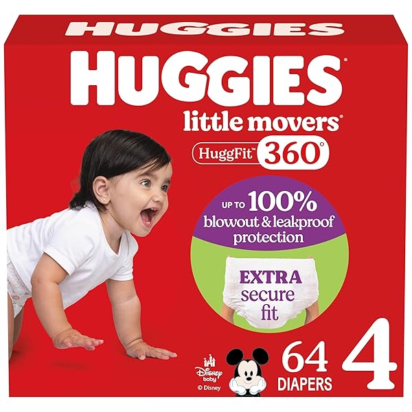 HUGGIES SIZE 4 BABY DIAPERS, LITTLE MOVERS HUGGFIT 360° BABY DIAPERS WITH 360° WAISTBAND, SIZE 4 (22-37 LBS), 64 COUNT, PACKAGING MAY VARY