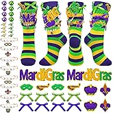 Cutecrop 40 Pcs DIY 2 Pairs of Mardi Gras Socks 38 Charms Kit Accessories Slouch Scrunch Purple Striped Sock Carnival Style Charms Pin Brooch Rhinestones for Women Mardi Gras Shoes Sneakers Decor