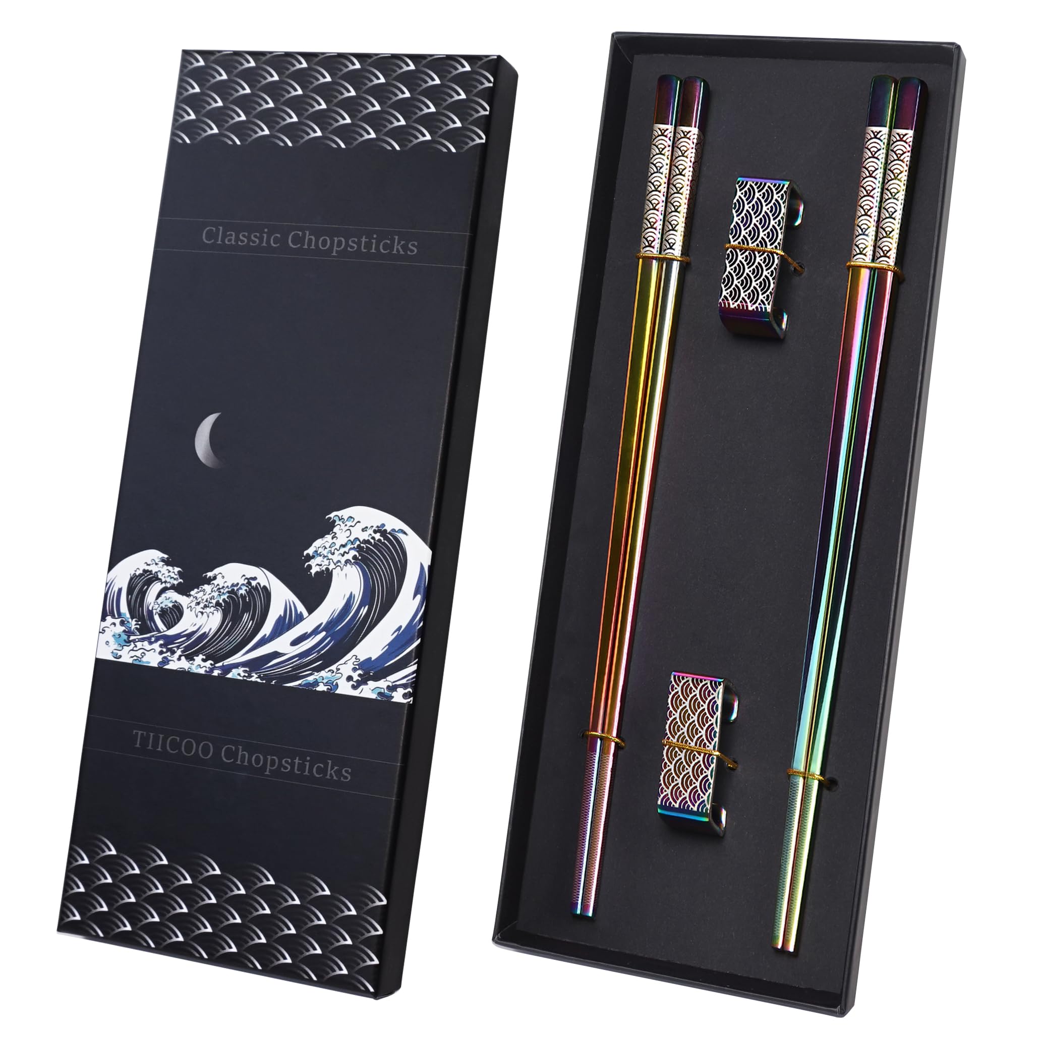 TIICOO Metal Chopsticks Reusable 2 Pairs Titanium Stainless Steel 18/8 Chopsticks with Holder, Dishwasher Safe Lightweight Korean Japanese Chinese Chop Sticks Gift Set(Rainbow)