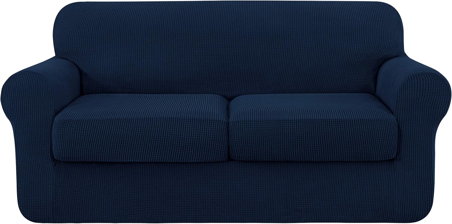 Slipcovers - subrtex 3 Piece Sofa Cover High Stretch Couch Slipcover for 2 Cushion Soft Sofa Slipcover Loveseat Cover Jacquard Fabric Furniture Covers with Elastic Bottom Machine Washable(Navy,Medium)