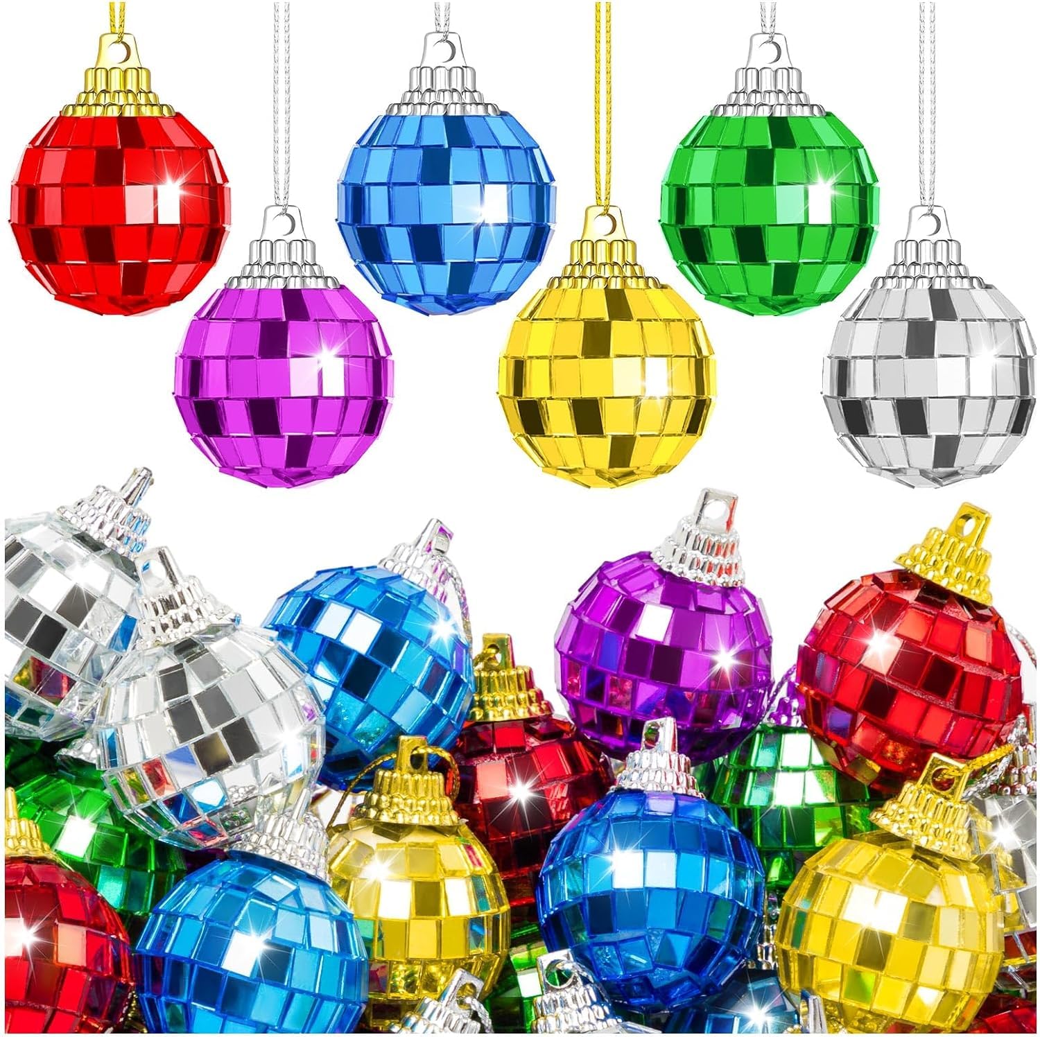 24 Pcs Mirror Disco Ball with Rope, Colourful Hanging Reflective Disco 4D Ball, Party Mirror Balls Ornaments for Christmas Tree Wedding Party Dance Music Festival
