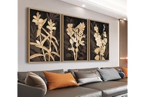 LINGLINGDOG Large Rustic Framed Wall Art - Natural Float Framed Brown Flower Branch Black Canvas Pictures Decor Brown Leaf Artwork Prints for Bedroom Living Room Kitchen Home Office Decoration 72" X 36" Set of 3