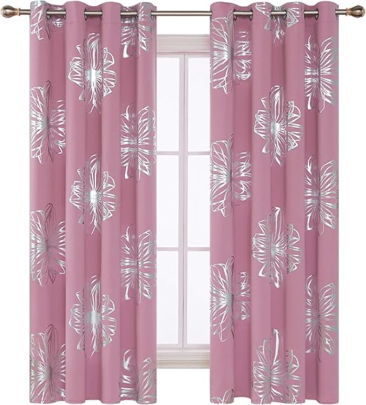 Deconovo Eyelet Curtains Foil Print Floral Thermal Insulated Ring Top Blackout Curtains For Bedroom With Two Tie Backs 46 X 72 Inch Pink 1 Pair