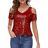 Womens Sparkly Sequin Top V Neck Cold Shoulder Glitter Short Sleeve Dressy Party Blouse Shirts