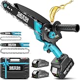 SEESII 8 Inch &amp; 6 Inch Mini Chainsaw Cordless with 2 Batteries &amp; Auto Oiler | 1000W Brushless Motor, Electric Handheld Chain Saw for Tree Branch Wood Cutting, Garden Tools Gift for Men Dad Husband, Blue