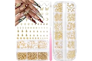 ANOLEAIR 3D Gold Nail Art Spike Metal Studs, Goth Punk Nail Charms, Gold Flatback Pearls Beads Gems Star Cross Rivet Spike Balls Nail Charms Nails Pearls for Nails DIY Crafts Accessories