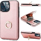 Folosu Compatible with iPhone 13 Pro Max Case Wallet with Card Holder, 360°Rotation Finger Ring Holder Kickstand Protective RFID Blocking PU Leather Double Buttons Flip Cover 6.7 Inch Rose Gold
