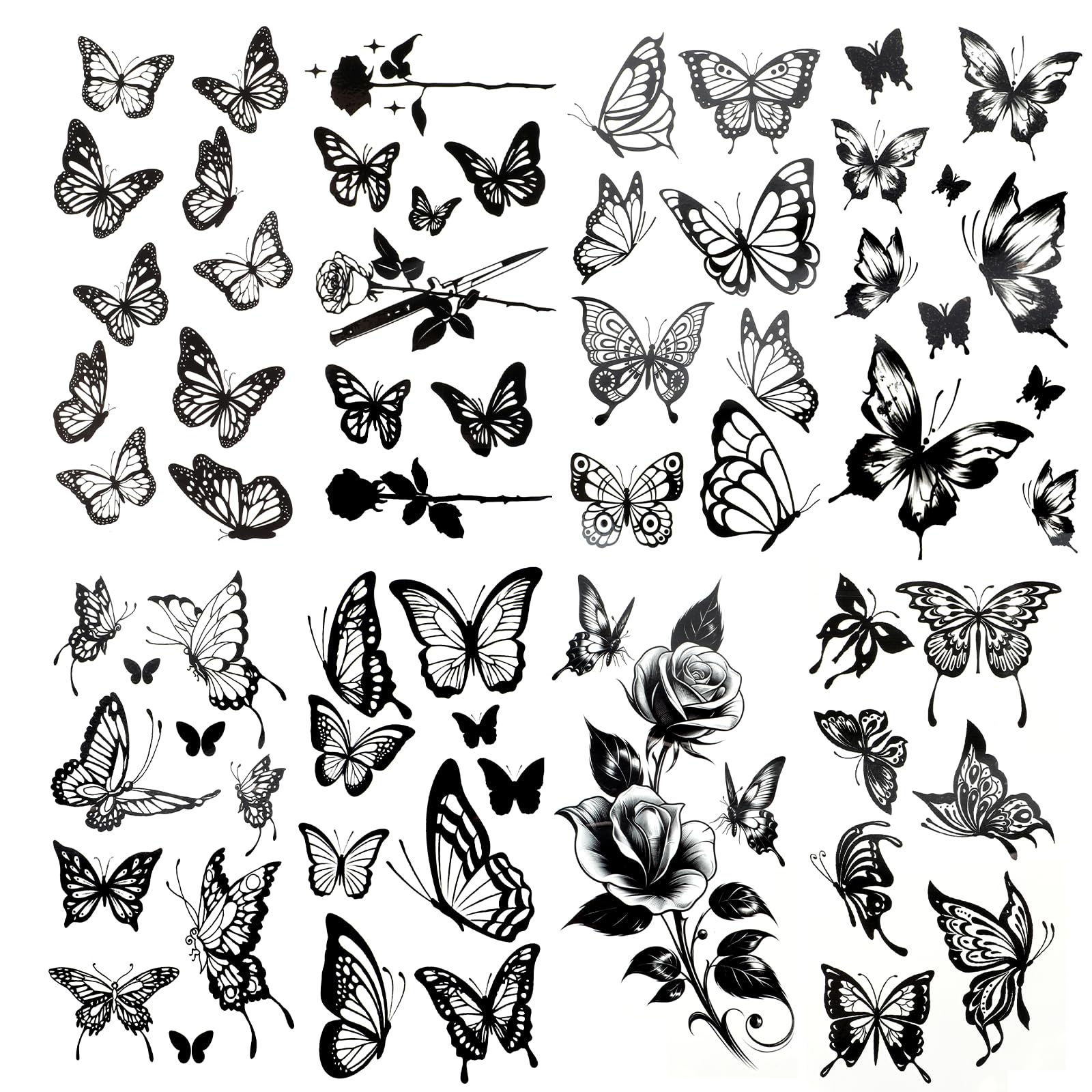 8 Sheets Large Black Butterfly Temporary Tattoos Stickers Waterproof Fake Tattoo Sticker Flowers Butterflies Hummingbird Swallow Rose Style Realistic Tattoos for Women Girls Body Arm Hand Neck