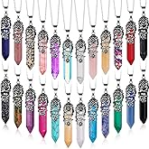 Jexine 24 Pcs Healing Crystal Necklace Christmas Gift Bulk Hexagonal Healing Flower Wrapped Crystal Point Pendant Necklace Natural Quartz Point Pendants with Chain for Women Christmas