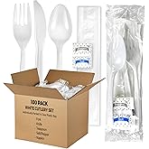 KitchenDine (100 Pack) Medium Weight Wrapped Plastic Cutlery Pack with Napkin and Salt/Pepper Packets (White)