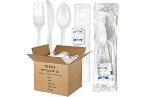 KitchenDine (100 Pack) Medium Weight Wrapped Plastic Cutlery Pack with Napkin and Salt/Pepper Packets (White)
