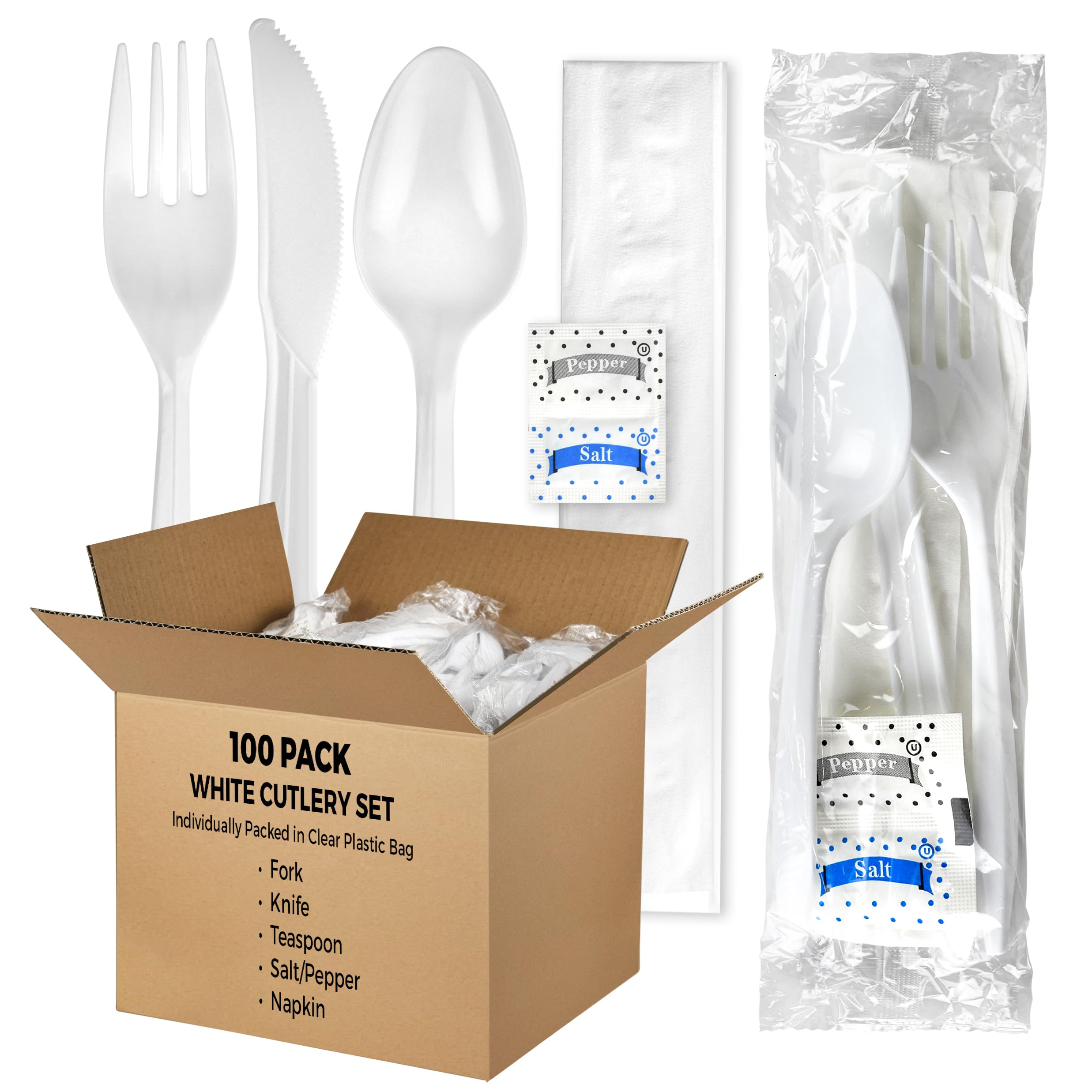 Photo 1 of KitchenDine 100 Pack Medium Weight Wrapped white Plastic Cutlery Pack with Napkin and Salt/Pepper Packets (White)
