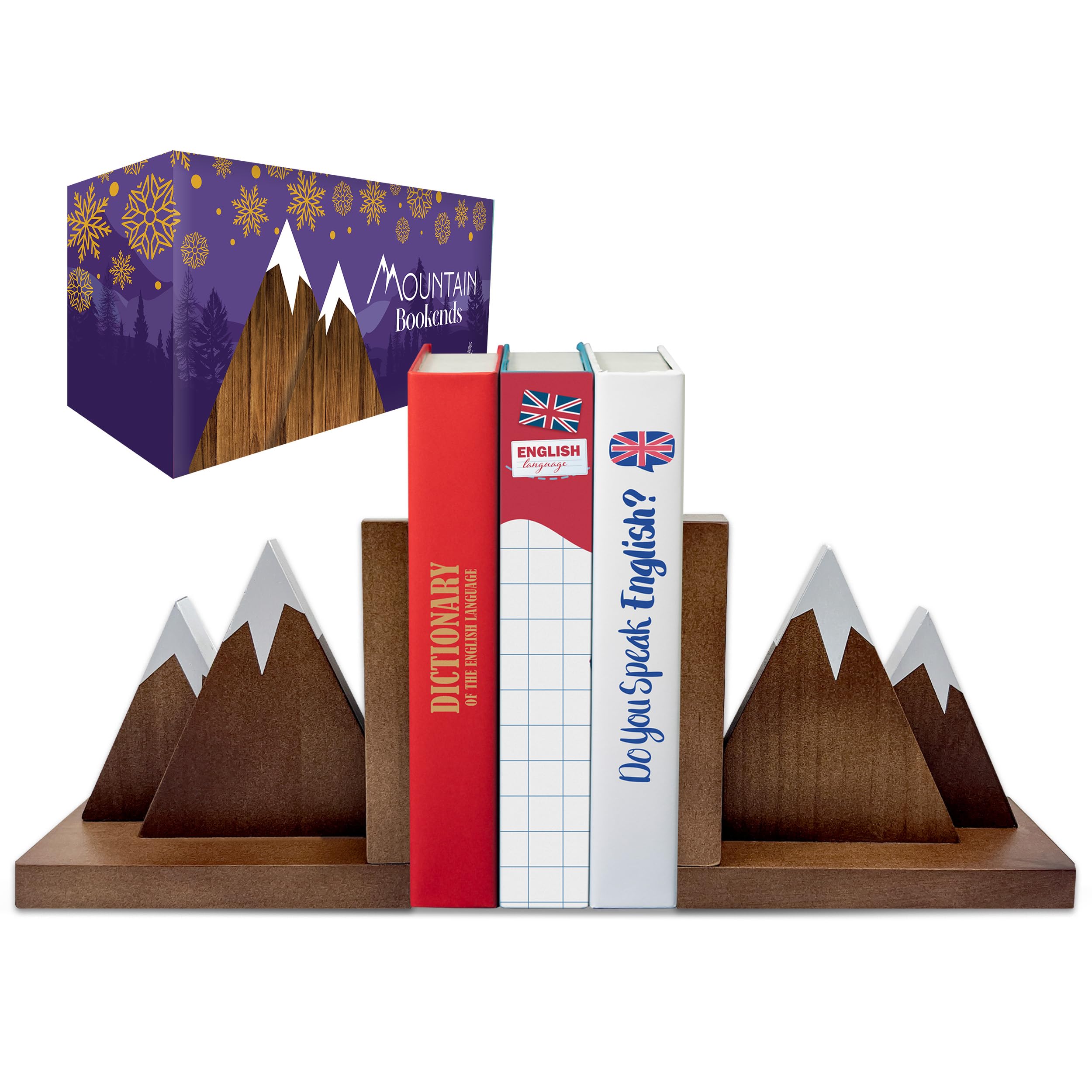Photo 1 of Decorably Dark Walnut Mountain Bookends for Kids - 1 Set Non-Skid Wooden Mountain Book Ends for Kids Room - Kid's Room, Nursery, Classroom