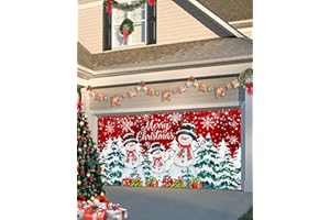 SINGINGIN Christmas Garage Door Banner Cover 7 x 8 ft, Merry Christmas Xmas Tree Snowman Winter Snow Red Christmas Garage Door Decorations Holiday Christmas Backdrop Decor for Winter New Year Xmas Party