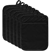 R HORSE 6Pcs Black Pot Holders with Pocket for Kitchen, 7''x 9'' | Cotton Potholders, Heat Resistant Oven Mitts, Non-slip Terry Cloth Trivet, Ideal for Baking Cooking, Machine Wash