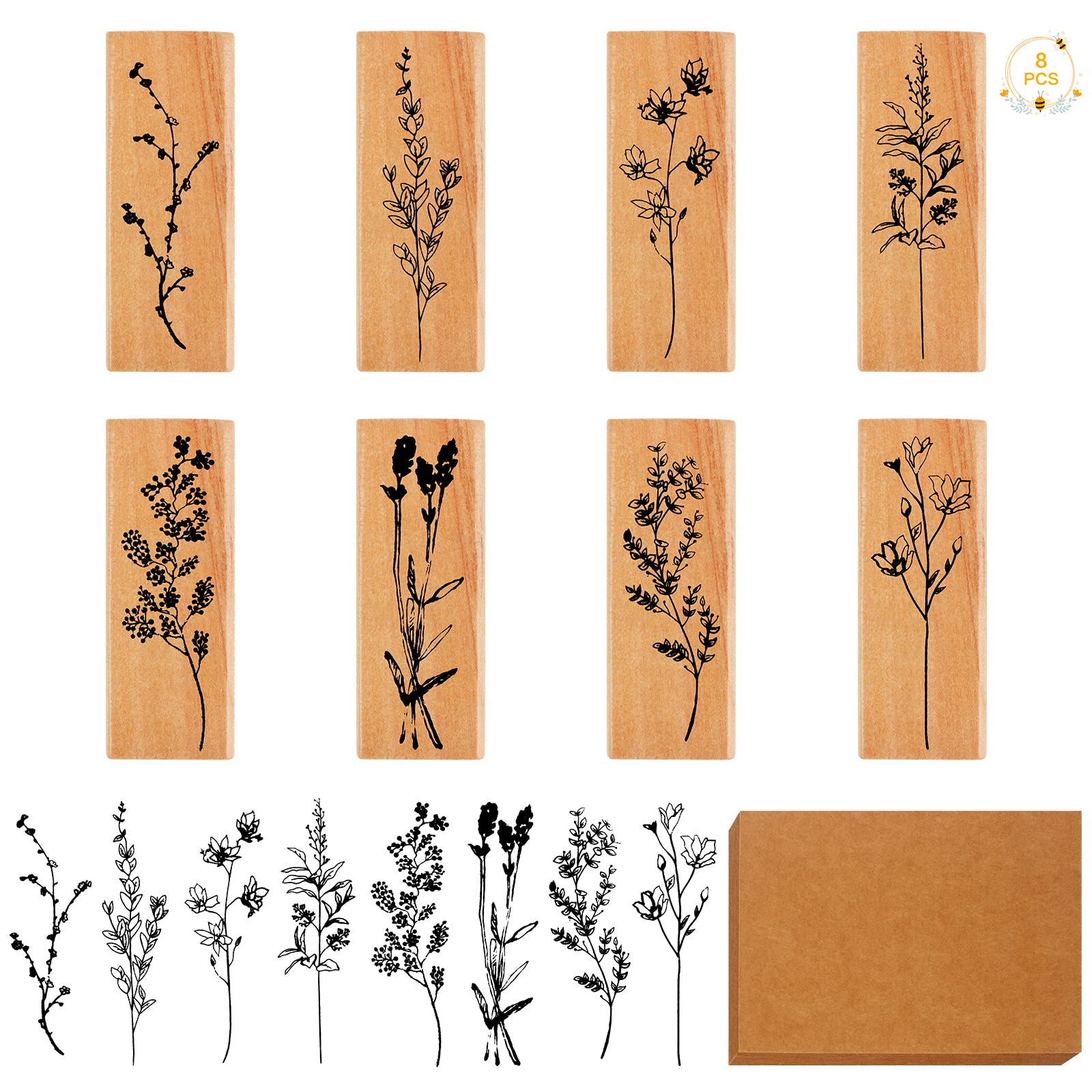 8PCS Wooden Printing Stamps with 20 PCS Kraft Postcard, Vintage Wooden Rubber Stamps Plant and Flower Decorative Scrapbook Rubber Stamps for Card Making Scrapbooking DIY Crafts