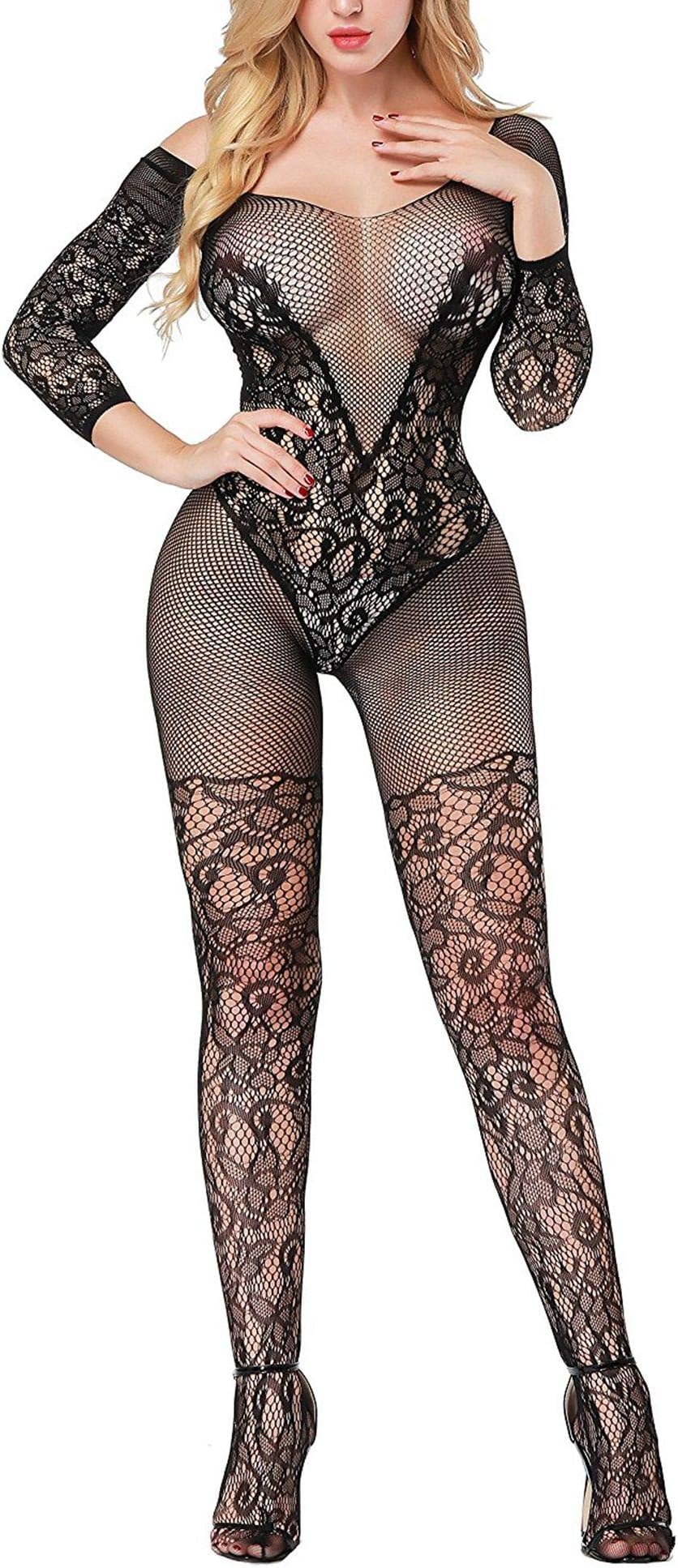 Acizi Sexy Sleeved Fishnet Bodystocking Mesh Lingerie Babydoll Bodysuits Teddy Nightie Body Stockings