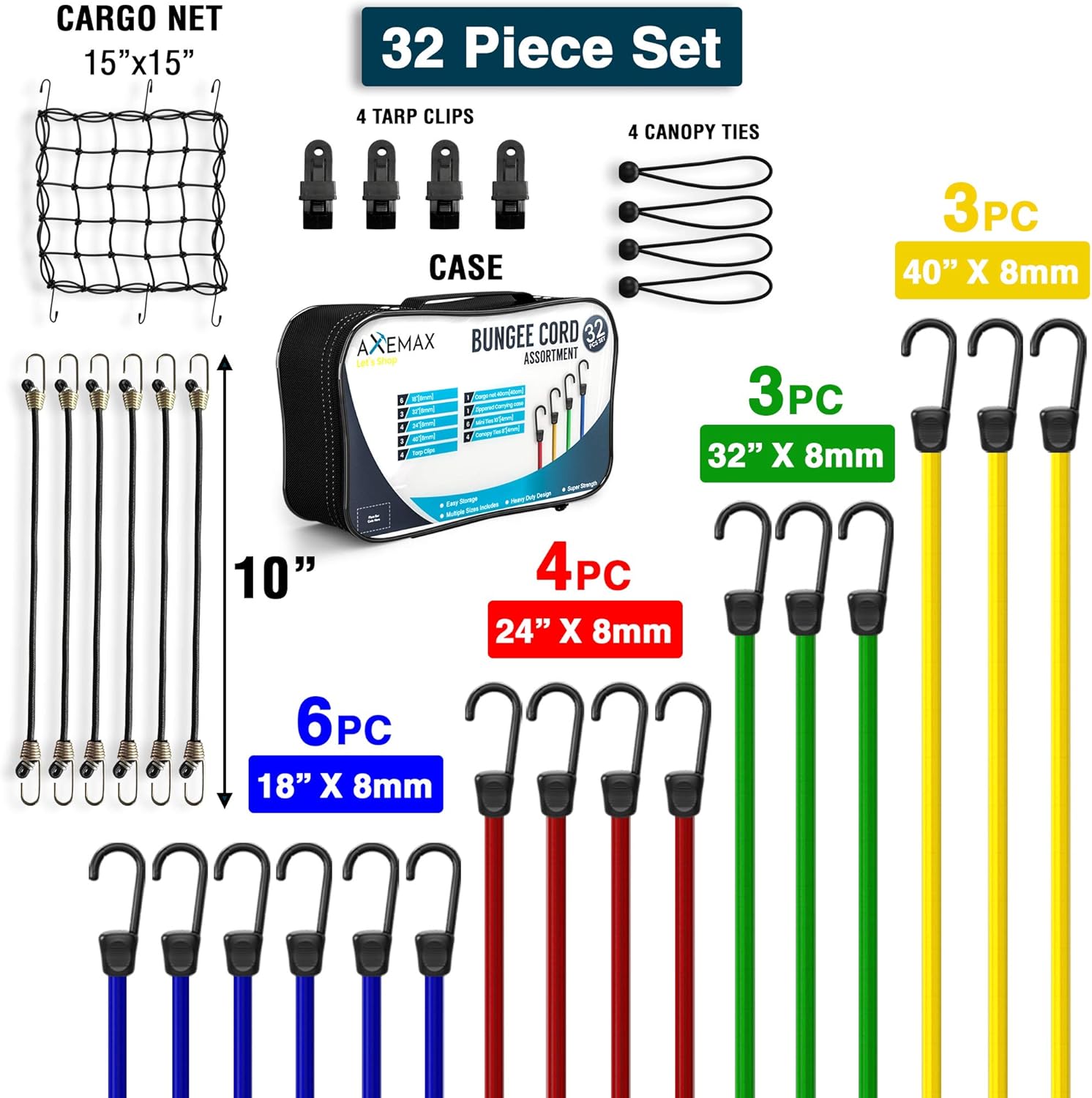 AXEMAX Bungee Cords 32 Pieces Assortment of Tarp Clips, Canopy Ties, Bungie Straps and Cargo Net with Heavy Duty Plastic Coated Metal Hooks -10, 18, 24, 32, 40 inches - - 