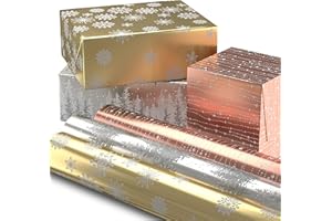 Hallmark Foil Wrapping Paper with Cut Lines on Reverse (3 Rolls: 60 Sq. Ft. Ttl) Rose Gold, Silver Trees, Gold Snowflakes for Winter Weddings, Graduations, Valentine's Day