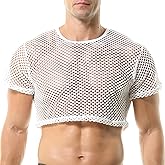 QiaTi Men's Fishnet Shirts Mesh Crop Top See Through Round Neck Short Sleeve Sexy Muscle Tee for Men