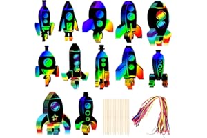 FLAHARD 72 Pcs Rocket Scratch Cards for Kids Space Theme Party Scratch Crafts with Wooden Stylus and Ribbons for DIY Crafts Classroom Activities Party Favors, 12 Styles (Space Scratch Crafts)