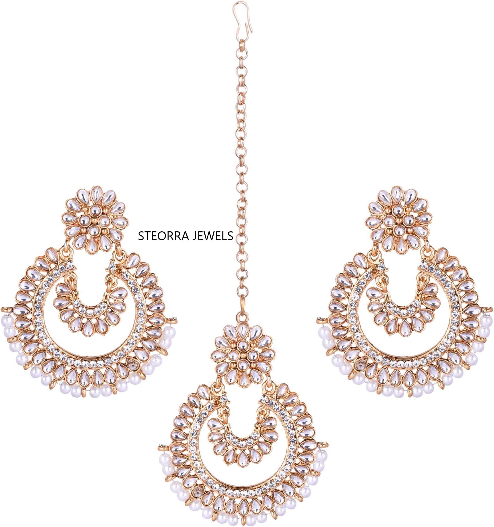Steorra jewelsTraditional Light Weighted Wedding Style Pearl Kundan Mangtikka Set with Earrings For Women & Girls(mangtikka set)